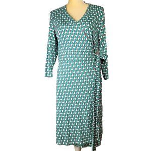 Sade Womens 12 Sally Martey Knit Wrap Dress 3/4 Sleeve Casual Teal Grey Geo NWT